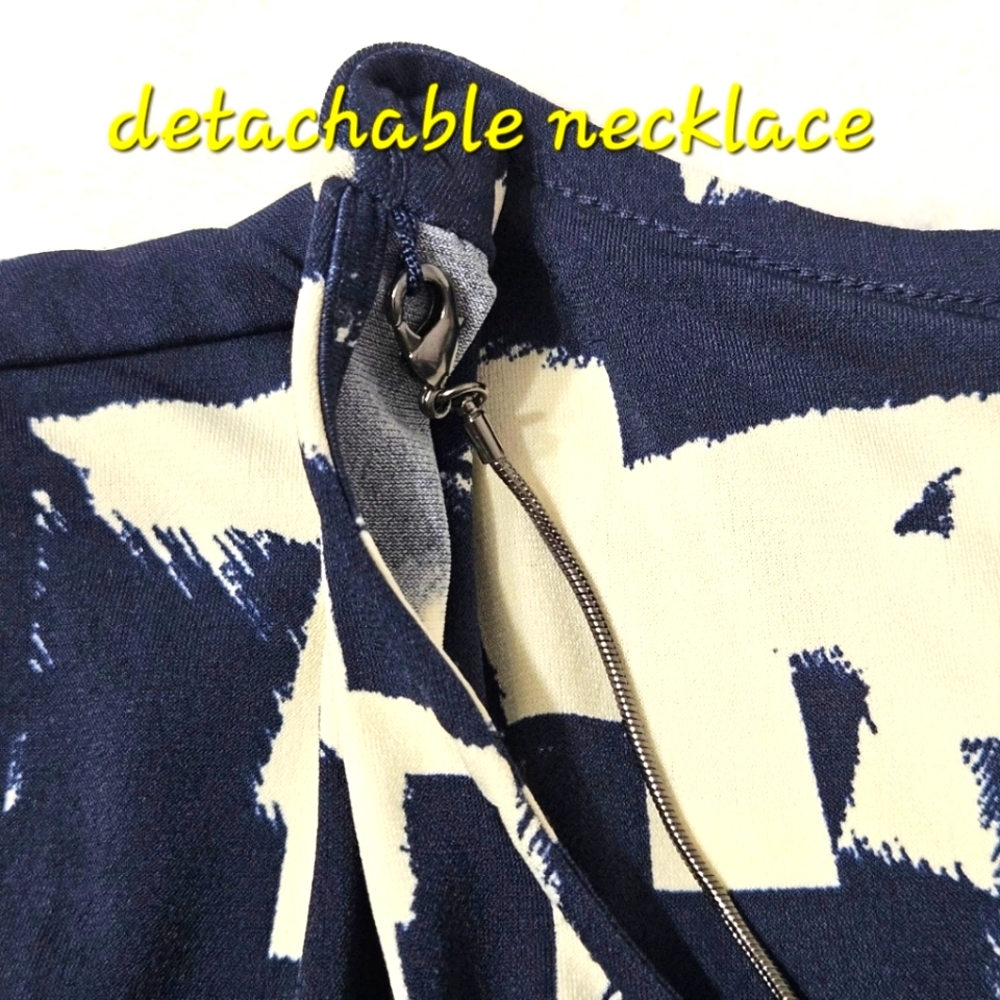 EUC Alfani blouse navy blue & off-white artsy pattern w/detachable necklace XL - Picture 5 of 12